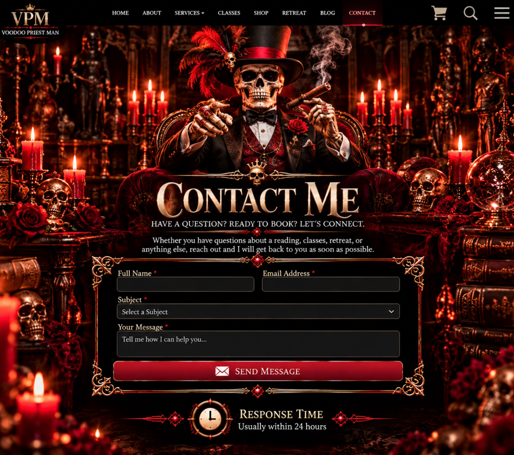 Approved gothic contact page design featuring the VPM gentleman and ornate contact layout